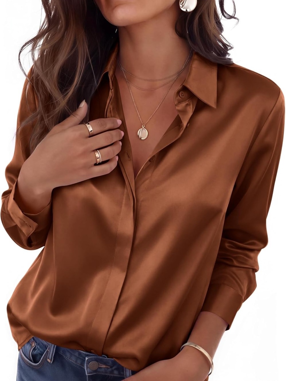 zeagoo Satin Button-Down Blouse in Copper Brown - Picture 2 of 6